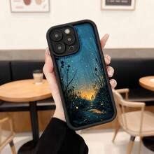 Cubierta de teléfono con borde negro diseño de bosque mágico con luciérnagas y atardecer para uso diario en cafeterías y espacios interiores,Aplicable a los teléfonos de la serie Apple y Galaxy - Blanco - Ver 3