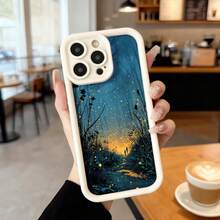 Cubierta de teléfono con borde negro diseño de bosque mágico con luciérnagas y atardecer para uso diario en cafeterías y espacios interiores,Aplicable a los teléfonos de la serie Apple y Galaxy - Blanco - Ver 2