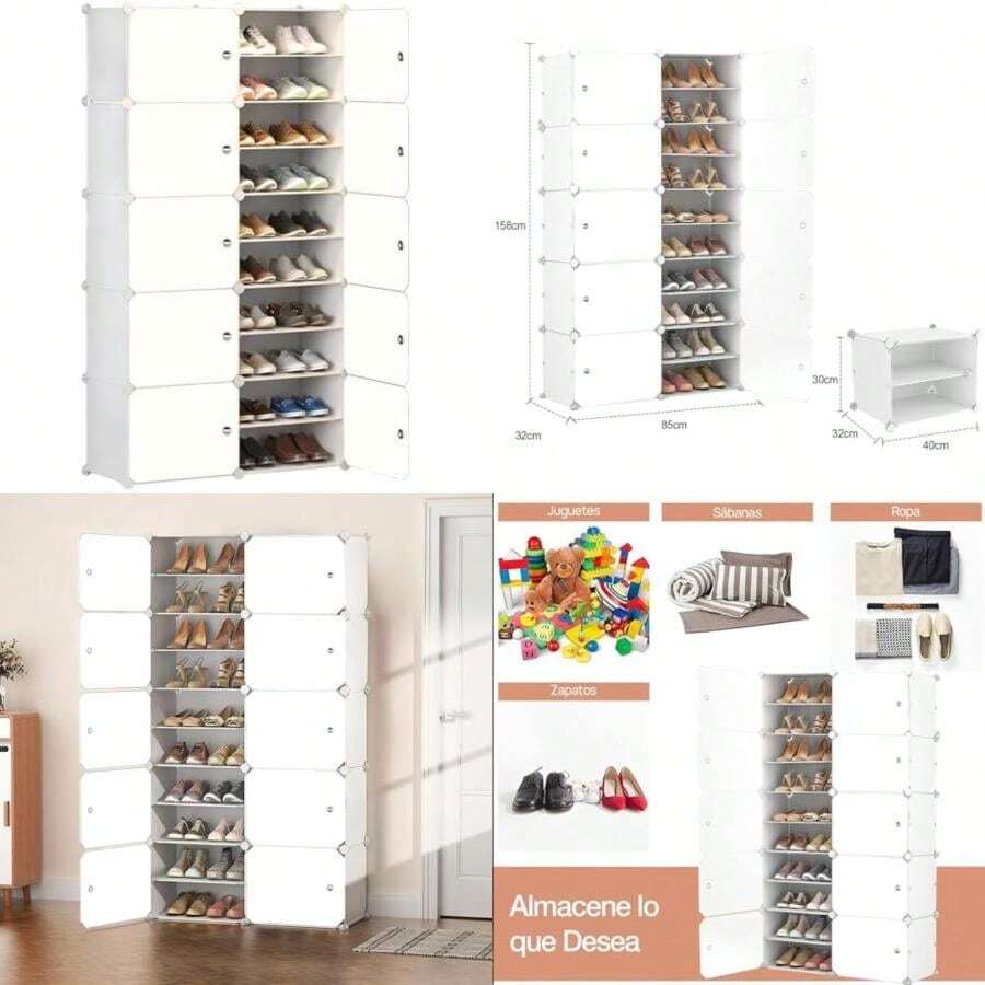 Zapatero con Cubierta,10Niveles 40pares de Armario de Almacenamiento de Zapatos, Cajas de Zapatos de Estantes de Plástico para Zapatos, Organizador para Armario, Pasillo, Dormitorio.(2 filas de 10 capas en blanco) - Multicolor - Ver 1