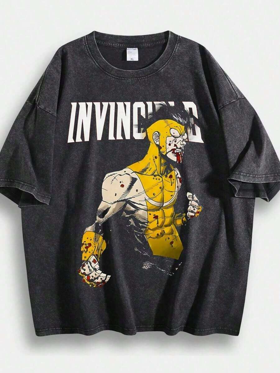 Men's-Shirt, Retro, Invincible Themed, Print, Pattern, Loose Fit, Short Sleeved, Top 004 - A - Black 1 - 查看 1
