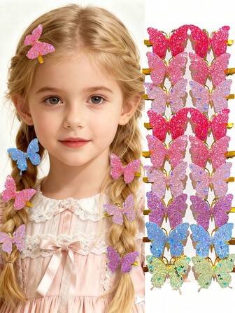 12 יחידות קליפסים לשיער פרפרים צבעוניים ומבריקים, מוסיפים קסם לשיער. מתאים לבית הספר, פעילויות חוץ, משפרים תסרוקות מתוקות ואלגנטיות. מתנה מושלמת לאקססורי שיער לבנות חמודות.