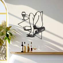 Arte de parede em metal - Arte feminina em estilo de linha, para amantes de vinho - Arte moderna para bar em casa, ideal para cozinha, quarto e sala de estar - Decoração para inauguração, estilo contemporâneo, tamanho médio, padrão geométrico - Preto - Ver 1