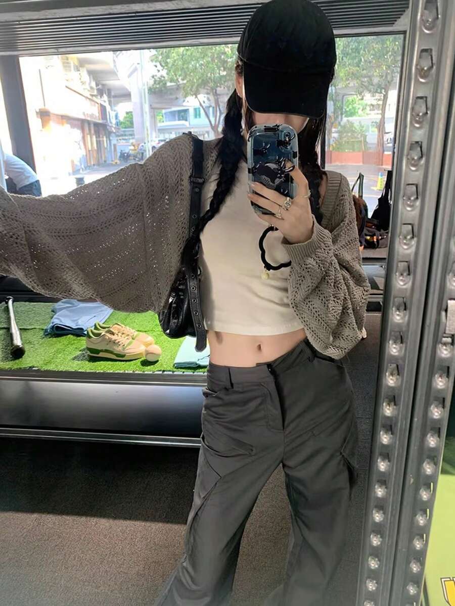 蝙蝠袖镂空网眼针织罩衫，女士无袖薄纱披肩外套 - 灰色 - 查看 1