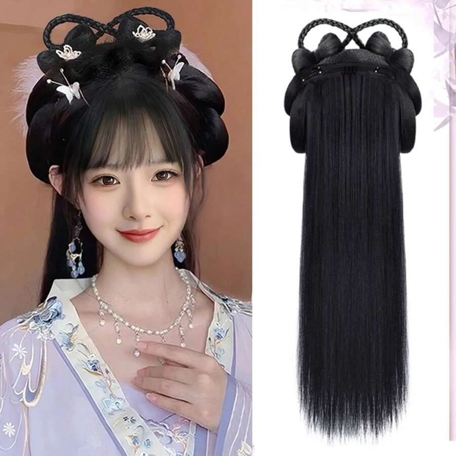 AS peluca antigua china para mujer, pelucas Hanfu, tocado, fotografía, accesorio de baile, pelucas negras para mujer, moño de pelo integrado FS1G - VM491 - Ver 1