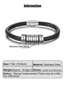 1pc Unique Leather Bracelet For Women Men Custom 1-10 Names Engraved Bracelets Customized Women Men Braided Leather Bracelets Gift For Mother Father Husband Wife Boyfriends Girlfriends Grandpa Grandma Birthdays Holidays Christmas Black Stylish, Vintage, Contracted, Simple, Unisex, Punk, Fall Fashion, Old Money Custom, Personalized - Silver - View 16