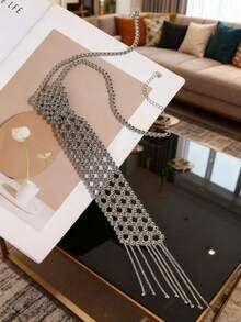 1 pièce Col détachable vintage fait main au crochet avec perles et motifs ajourés, convient pour les blouses, avec lien à gland - 83003 - Voir 4