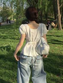 Sweet Round Neck Bow Tie Waist Ruffle Short Sleeve Blouse For Women White Summer - White - View 2
