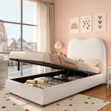 Polsterbett, Einzelbett, Kinderbett 90 X 200cm, Hydraulic Functionsbett, Bett Mit Lattenrost, Kopfteil Und Großem Stauraum, Gepolstertes Kopfteil, Lockig, Beige - Beige - View 2