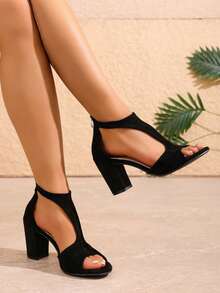 New Fashion Open Toe Zipper Chunky Heel Fishmouth Strap Sandals, Stylish High Heels - Black - View 2