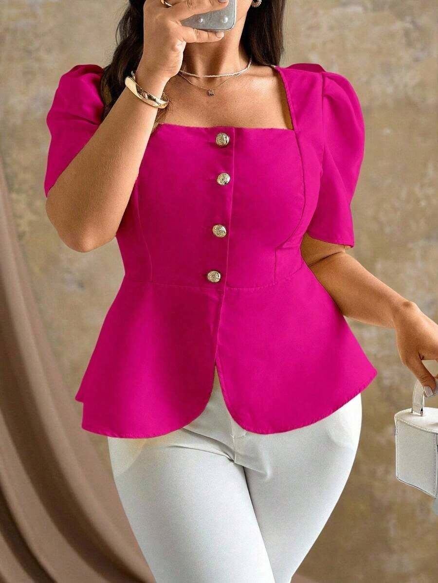 Roveilla Blusa cuadrada de manga corta y botones de unicolor elegante para mujer talla grande - Rosa Fucsia - Ver 1