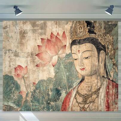 1pc Buddha & Lotus Pond Background - Vibrant Buddhist Art, Blooming Flowers, Suitable For Birthday Parties, Photo Booths, Outdoor Celebrations, Versatile Polyester Decor, Zen Home Accents, Subtle Suitable For Christmas And Halloween Decorations