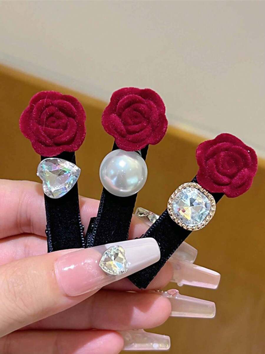 3pcs/Set Retro Faux Pearl Flocked Rose Flower Hair Clips, Bangs Clips, Side Clips, Hair Accessories - Multicolor - View 1