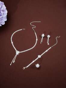 Bộ trang sức 5 món thời trang hình hoa 3D đính đá Cubic Zirconia, bao gồm dây chuyền, bông tai, nhẫn và vòng tay, thích hợp cho phụ nữ trong các dịp cưới hỏi, sinh nhật, lễ hội, tiệc tùng và du lịch, ngày Valentine. - Bạc - Xem 6