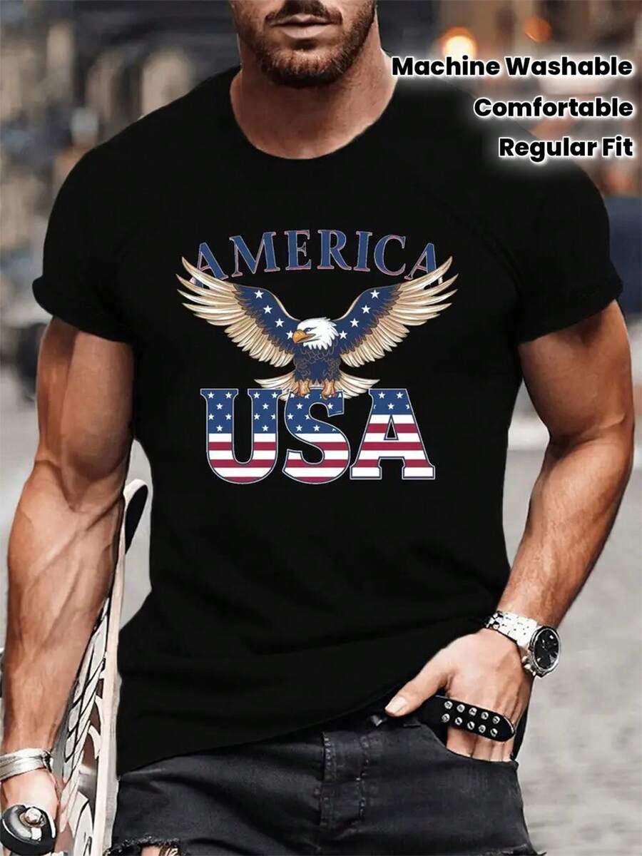 Camiseta de algodón con estampado de águila patriótica y bandera de EE. UU. para hombres - Cuello redondo premium, manga corta, ropa de calle, camiseta casual de verano transpirable, lavable a máquina, ajuste regular, ropa de estilo urbano, camiseta gráfica llamativa, tela duradera, camiseta cómoda - Negro - Ver 1