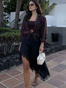 优雅女士纯色缎面蕾丝边半身裙，简约不对称拉链开衩半身裙，夏季女士街头半身裙 - 黑色 - 查看 4