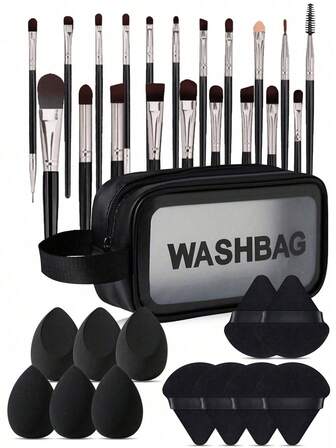 1/33-Piece Makeup Brush Set, Makeup Tool Kit: Includes 20 Makeup Brushes - Foundation Brush, Powder Brush, Eyebrow Brush, Blush Brush, Highlighter Brush, Eyeshadow Brush, Eyelash Brush, Eyeliner Brush, Contour Brush, Detail Brush, Nose Contour Brush, Face Brush + 1 Makeup Bag + 6 Makeup Sponges + 6 Velvet Powder Puffs, Suitable For All Skin Types, An Essential Travel Makeup Set.
