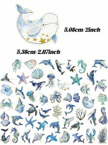50张海洋生物贴纸，带金色箔片装饰，适用于装饰笔记本、剪贴簿、日记本、水瓶、吉他、头盔和其他DIY项目 - 彩色 - 查看 7