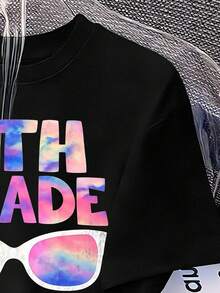 少女圆领字母眼镜印花休闲百搭日常短袖T恤 - 黑色 - 查看 4