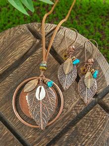 TopHanqi 1 Set Boho Vintage Jewelry Set - 1 Pair Geometric Leaf Shaped Metal Earrings + 1 Double Layer Round Pendant Necklace With Wood Bead, Shell And Turquoise Decor, Suitable For Daily Outfit, Party, Dating, Gift - Nâu 2 - Xem 9