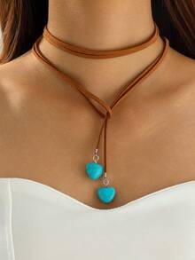 1pc Fashionable High-Quality Polyester Fiber Braided Synthetic Turquoise Heart Pendant Necklace For Women, Suitable For Party, Gift - 31072-nek-brown-eP - View 2
