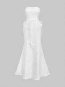 Đầm dạ hội không dây vai, kiểu đuôi cá, sang trọng, thanh lịch, gợi cảm, lãng mạn, thích hợp cho buổi hẹn hò, tiệc tùng ngày Valentine, đầm dự tiệc, đầm có nơ lớn. - trắng - Xem 8