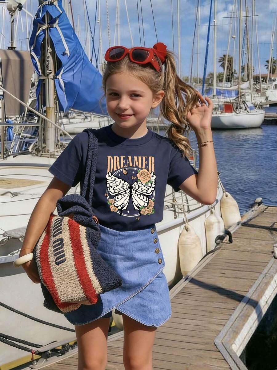 Tween Girls' Casual Pink Graphic Print Crew Neck Short Sleeve T-Shirt, Summer Top - Navy Blue - View 1