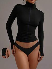 XLLAIS Elastic Knit Turtleneck With Decorative Stitching, Spring/Summer T-Shirt - Black - View 1