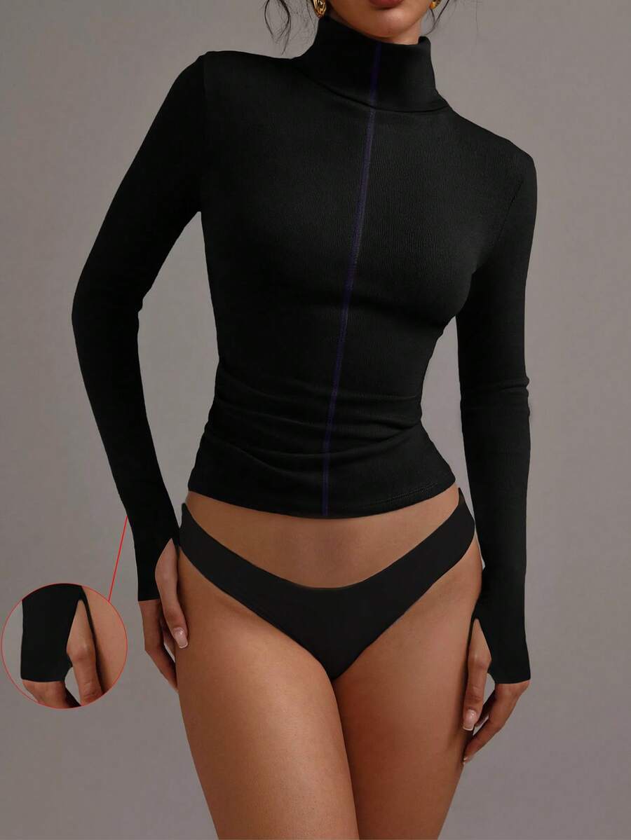 XLLAIS Elastic Knit Turtleneck With Decorative Stitching, Spring/Summer T-Shirt - Black - View 1