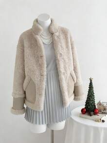 女士纯色落肩时尚立领前扣休闲保暖内衬厚冬季夹克 - 杏色 - 查看 1