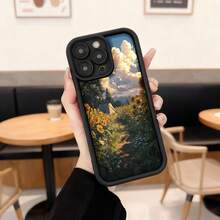 Cubierta de teléfono con borde negro diseño de campo de girasoles y cielo nublado para uso diario en cafeterías y espacios interiores,Aplicable a los teléfonos de la serie Apple y Galaxy - Café integral - Ver 3