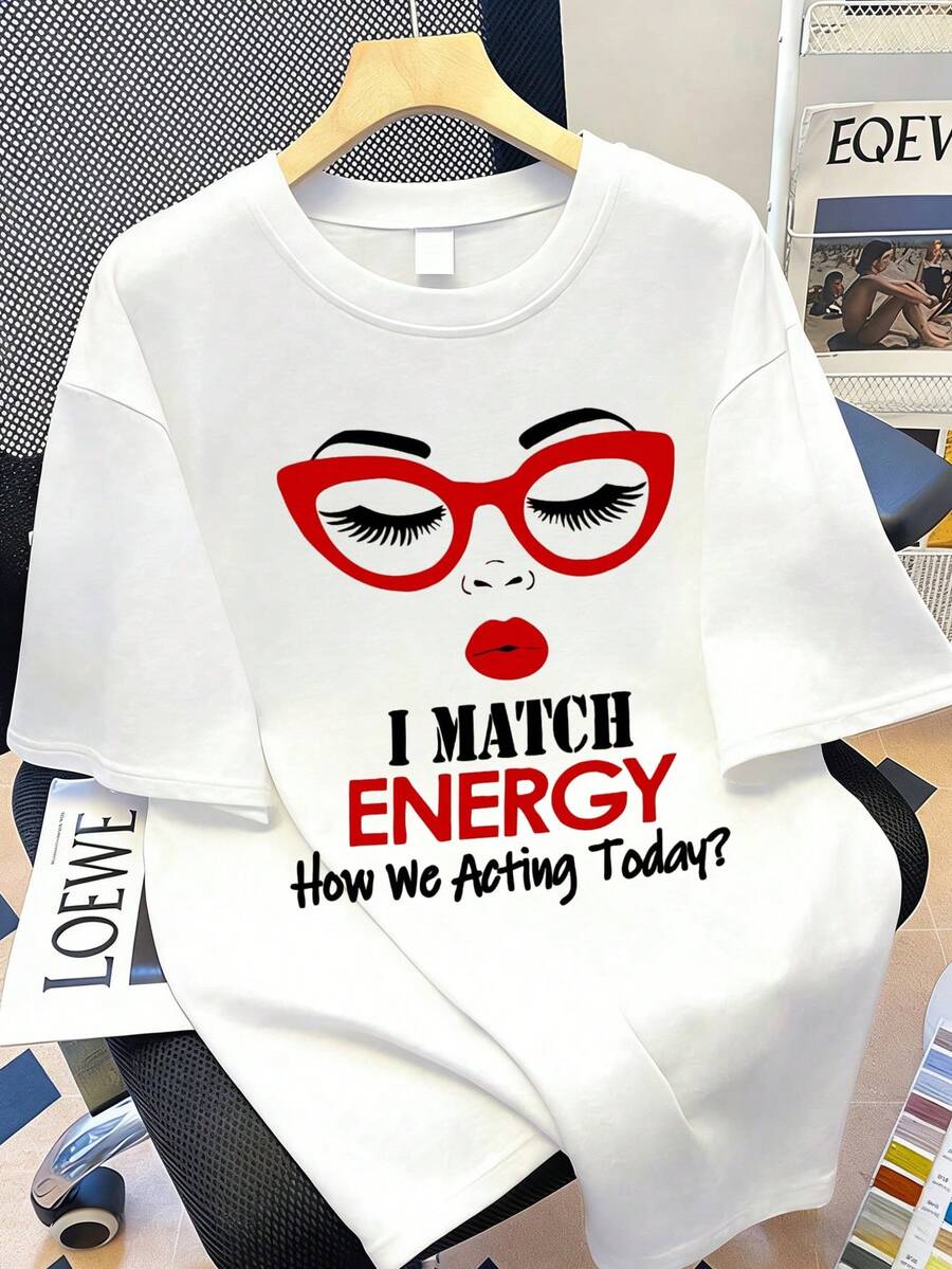 Plus Size Women's Round Neck Slogan & Glasses Print Casual Versatile Commuting Short Sleeve T-Shirt