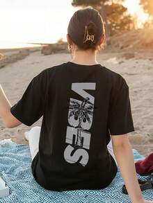 女士简约椰树标语印花休闲圆领短袖T恤，简约百搭，适合日常和度假穿着。图案T恤，女款，白色、黑色、粉色