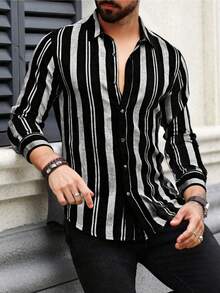 Men's Striped Print Button Front Casual Long Sleeve Shirt - Black and White - View 6