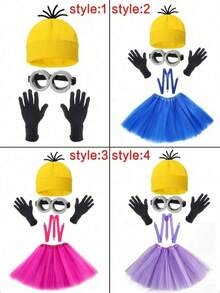 5pcs/Set Minions Theme Costume Set Including Stuart, Bob, Kevin Characters, Featuring Yellow Knit Hat, Cartoon Character Goggles, Black Gloves, Lace Skirt, Suspenders, Fashionable And Fun, Suitable For Christmas, New Year And Other Costume Party Events - Multicolor - View 1
