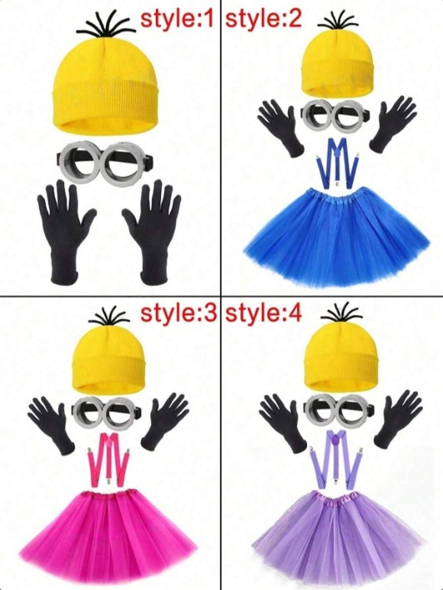 5pcs/Set Minions Theme Costume Set Including Stuart, Bob, Kevin Characters, Featuring Yellow Knit Hat, Cartoon Character Goggles, Black Gloves, Lace Skirt, Suspenders, Fashionable And Fun, Suitable For Christmas, New Year And Other Costume Party Events - Multicolor - View 1