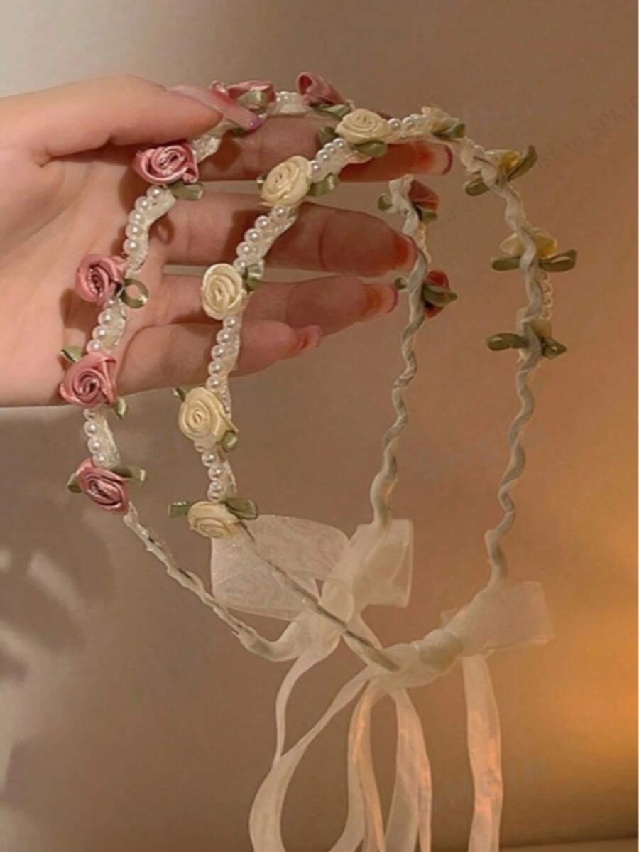 2件装女士优雅仿珍珠玫瑰花发箍，适合日常佩戴，居家、学校、海滩、工作、派对、节日、生日、返校、新年、情人节、婚礼等场合，是美丽的家居发饰。 - 彩色 - 查看 1