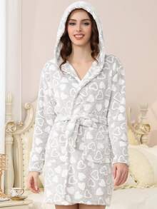 新款秋冬法兰绒女士睡袍，灰白爱心图案，带抽绳连帽中长款家居服 - 白色 - 查看 5