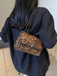 A Vintage Fashion Leopard Print Bag, Hardware Lock Closure, Flap Opening, Metal Double Chain, Multi-Functional And Elegant Shoulder Crossbody Bag, Suitable For Girls' Daily Life, Leisure, Commuting, Work And Student Use, Cheetah Print Bag For Women Leopard Comeback, Retro Inspired Bag For Women - 咖啡棕 - 查看 2