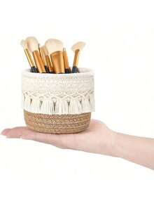 1pc Handmade Woven Cosmetic Storage Box, Makeup Organizer, Mini Basket, Boho Decor Basket, Small Storage Basket, Boho Beach Style Room Decor, Makeup Brush Holder, Brush Holder, Ivory Color Pouch, Brush Holder, Brush Rack, Perfume Storage Box, Cosmetic Bag, Gift For Her, Christmas Gift, Ideal For Bedroom, Living Room, Office, Back To School , Makeup Room Decor - Multicolor - View 6