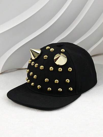 1顶新款铆钉设计时尚百搭纯色棒球帽，涤纶材质