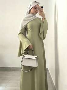 Dignified And Elegant Women's Dress, Olive Green Long Sleeve Loose Long Dress, Casual Daily Wear Spring - Lime Green - View 3