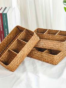 1pc Handwoven Wicker Storage Basket - Multi-Compartment Organizer For Snacks, Desk Accessories & Decor, Natural Rattan Design, Perfect For Home Or Office Use, Desk Organizer|Traditional Style|Woven Texture, Basket Storage - Multicolor - View 2