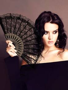 1把黑色精致蕾丝折扇，维多利亚哥特风手持饰品，多色镂空洛丽塔蕾丝扇，可搭配旗袍、传统中式服装，也可作为折扇、舞扇、降温扇、蕾丝扇或婚礼道具。 - 彩色 - 查看 4