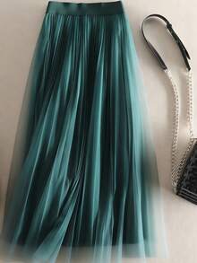 LuminousWealth 女士优雅褶裥网纱 A 字裙，适合休闲或办公场合穿着，简约优雅 | 涤纶网纱裙，四季皆宜，非常适合新年、派对等场合 - 綠色 - 查看 4