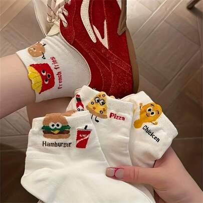 1/4/8 双装女士袜子，可爱卡通汉堡、薯条、披萨图案 | 趣味、舒适、柔软、透气、吸汗，运动休闲