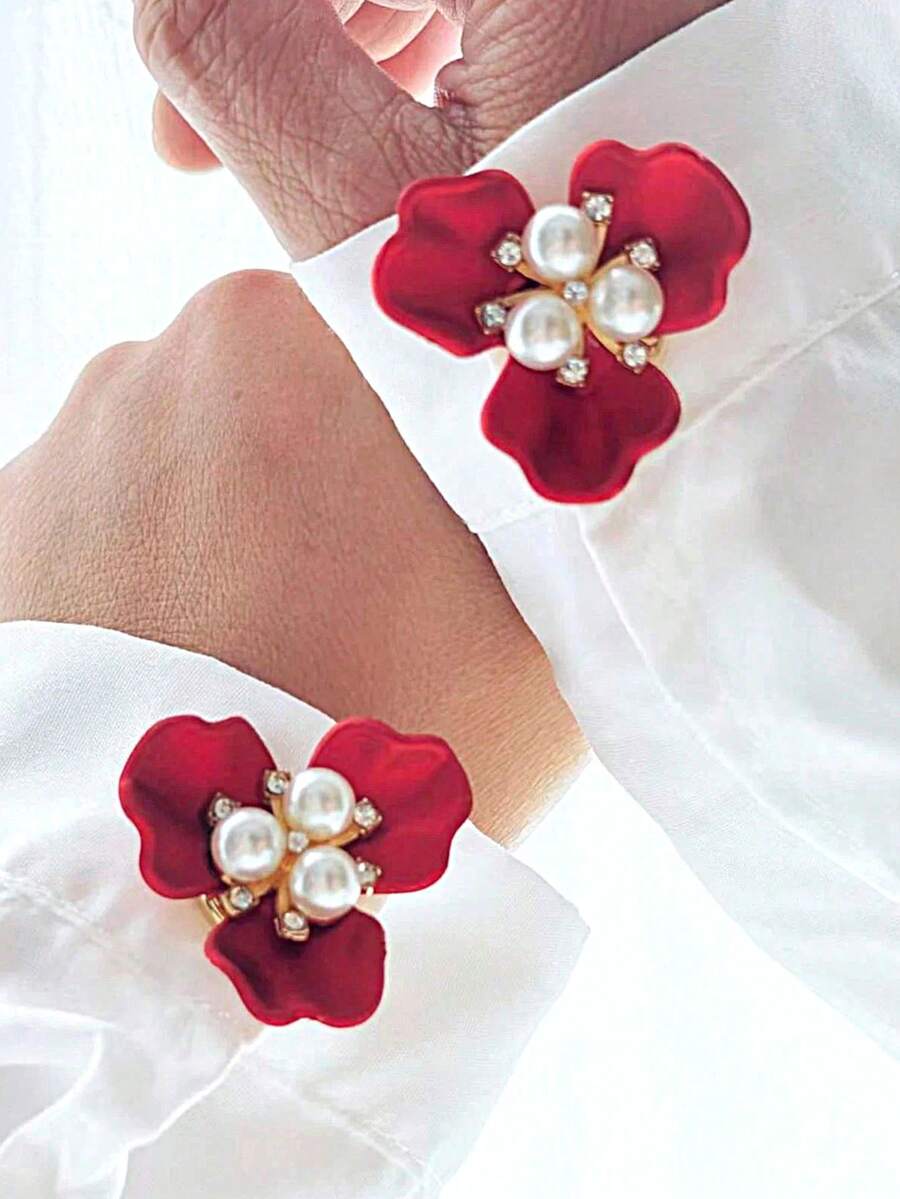 1pc/2pcs Flower Shaped Shirt Buttons Set, Pearl Cuff Links, Vintage Flower Cufflinks Clips, Suitable For Dresses, Weddings, Formal Wear Decoration Buttons, Clothing Accessories Gifts And Parties (Petal Shape Random) - Gold-red Petals - View 1
