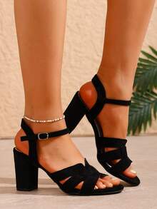 新款欧美风单扣麂皮粗跟罗马高跟凉鞋，女士款 - 黑色 - 查看 3