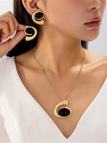 5 件套时尚欧美夸张黑白项链耳环手链戒指首饰套装仿珍珠装饰设计配饰 - 金黃色 - 查看 30