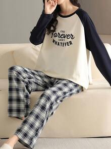 2件套女士撞色字母印花圆领插肩长袖上衣和格子裤家居服睡衣套装，两件套，秋冬服装