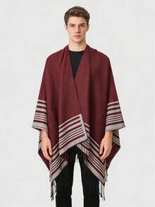 1件男士时尚休闲日常穿搭纯色条纹流苏斗篷披肩带开衩